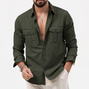 2024 Men Shirts Long Sleeve Casual Spring Summer Vintage Multi-pocket Slim Social Business Casual Blouse Solid Color Shirt