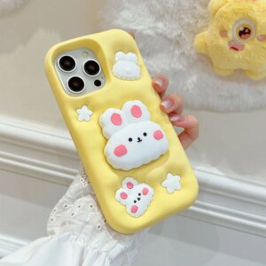 Cute Cartoon Rabbit Hidden Holder 3D Soft Silicone Phone Case for iPhone 15 14 13 12 11 Pro Max Girl Shockproof Bumper Cover