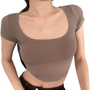 Women’s Crop Top Summer Short Sleeve Casual Tee T Shirt U Neck Workout Base Tee Solid Color