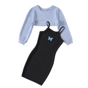 7-14T Spring Autumn Girls Slim Dress Fashion Long Sleeve Butterfly Print Cami Bodycon Dress Kids Casual Clothing Sets Outfits