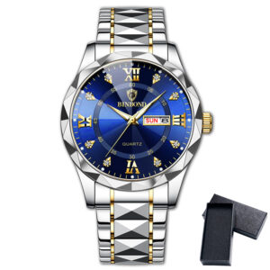 BINBOND Men’s Waterproof Stainless Steel Quartz Watch 2024 Top Brand Luxury Night Glow Date Week Men’s Watch 2521