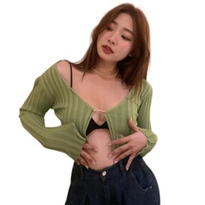 Cardigan for Women Long Sleeve Sexy Blouses V Neck Low Cut Slim Fit Crop Top Casual T Shirt Knitted Shirt
