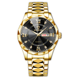 BINBOND Authentic Men’s Watch Waterproof Night Glow Double Calendar Watch Men’s Quartz Watch Diamond Pointed Glass