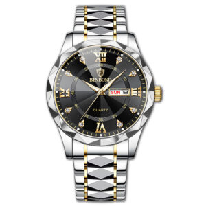 BINBOND Authentic Men’s Watch Waterproof Night Glow Double Calendar Watch Men’s Quartz Watch Diamond Pointed Glass
