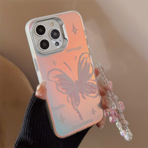 Deluxe Pink Bow Laser Case for iPhone 15 Pro Max 14 Plus 13 12 11 Stylish Hard Shockproof Bumper Cover with Lanyard