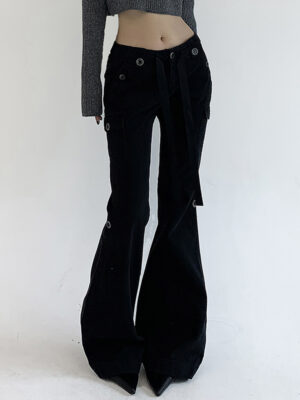 Rockmore Brown Low Rise Flare Jeans for Women Streetwear Y2K Aesthetic Cargo Jean Pants Vintage Denim Trousers Grunge Fairycore