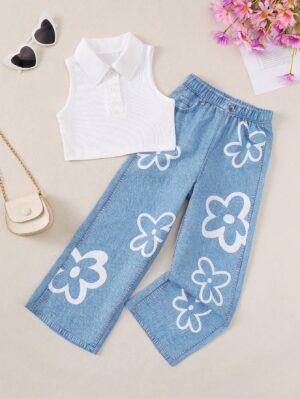 Young Girls’ Solid Color Casual Tank Top With Denim Look Floral Print Straight Pants, Summer