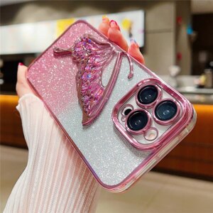 Gradient Glitter Butterfly Quicksand Plating Clear Phone Cases for iPhone 15 11 12 13 14 Pro Max Shockproof Soft Silicone Cover