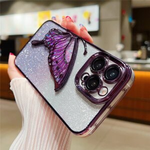 Gradient Glitter Butterfly Quicksand Plating Clear Phone Cases for iPhone 15 11 12 13 14 Pro Max Shockproof Soft Silicone Cover