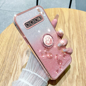 Gradient Glitter Powder Ring Holder Phone Case For Samsung Galaxy S10 Plus Shockproof Soft Back Cover