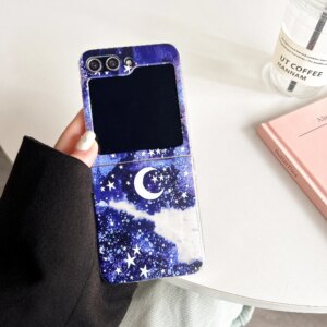 For Samsung Galaxy Z Flip 5 4 3 Case Cartoon Floral Moon Star Pattern Painted Transparent Silicone Folding Shockproof Hard Cover
