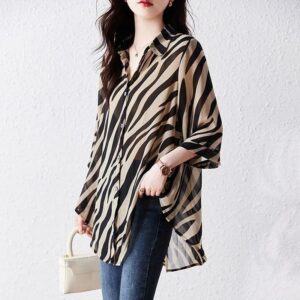 3/4 Sleeve Striped Sunscreen Women Chiffon Shirt New Zebra Pattern Loose Shirt Casual Cover Belly Slimming Top