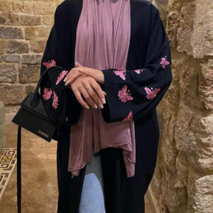 Front Open Abaya Women Kimono Muslim Women’s Dresses Butterfly Embroidery Eid Soft Satin Abaya Arab Dubai Islamic Clothing