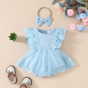 Baby’s Flower Embroidered Lace Splicing Romper Dress, ElegantSleeveless Dress, Infant &Toddler Girl’s Clothing For Summer .Gift