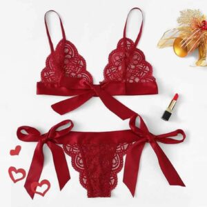 Sexy Lace Split-cut Lace Bikini Fashion Strapping Three-point Bowknot Bralette Lingerie Underwear Women Set See Through Bra