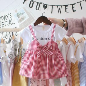 Girls’ Summer Dress Spliced Two Piece Checkered Skirt Baby Decoration Princess Dress