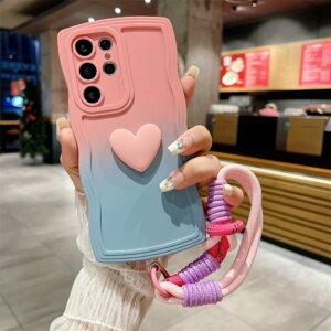 Cute Love Heart Wrist Strap Case for Samsung Galaxy S23 S24 Ultra S22 S21 Plus S20 FE A54 A34 A53 A52 A14 Lanyard Gradient Cover