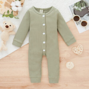Spring Boys And Babies Aged 0-2 Years Old Daily Casual Round Collar Solid Color Buttons Fine Pit Strip Jumpsuit