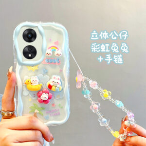 For OPPO A58 A78 A98 5G Phone Case 3D Cute Animal Cartoon Patterns + Beautiful Flower Bracelet Soft Case