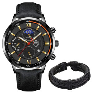 2PCS Set Fashion Mens Sports Watches Man Business Leather Bracelet Quartz Watch Luxury Men Casual Luminous Clock Reloj Hombre