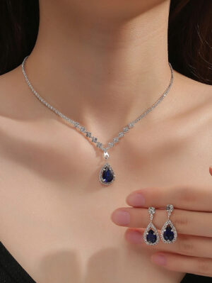 3PC Wedding Season Women’s Fashion Copper Inlaid Water Drop Necklace Earrings Jewelry Set Wedding Banquet Party Holiday Gift