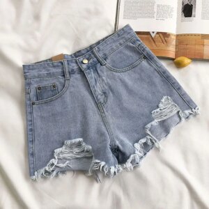 ZHUANQIN Denim Shorts for Women Summer New Korean Loose Ripped Holes Tassel Short Jeans Woman Fashion High Waist Wide Leg Shorts