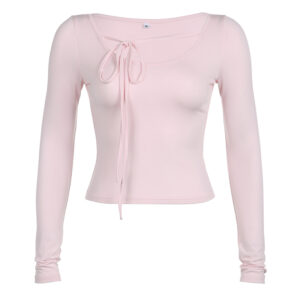 CIBBAR Sexy Pink Bandage Crop Top Women Fairycore Long Sleeve Chic Stitched T Shirt Autumn Basic Kawaii Tees Japanese y2k Ladies