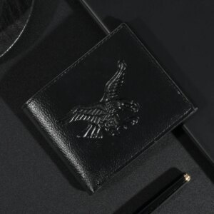 Eagle-Embossed Black PU Leather Men’s Wallet: Waterproof & Scratch-Resistant with Plaid Detail, Multiple Card Slots