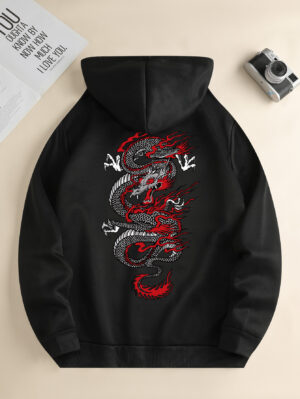 Men’s new fashion hoodie, casual daily drawstring hooded sweatshirt dragon print, front kangaroo pocket, men’s jacket
