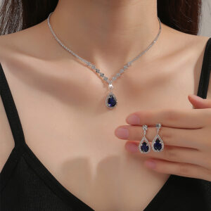 Obega 2 Pcs Set Blue Crystal Stone Denpent Necklace Earring With Dazzling Cubic Zircon Romantic Daily Wear Jewelry Girl Gift