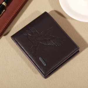 Eagle-Embossed Black PU Leather Men’s Wallet: Waterproof & Scratch-Resistant with Plaid Detail, Large Capacity & Multiple Card S