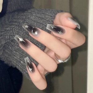 Black Long Coffin Shape Fake Nail Ballet Reusable Adhesive Acrylic Press on Set Nails Artificial False Nails Art Tips Women Gift