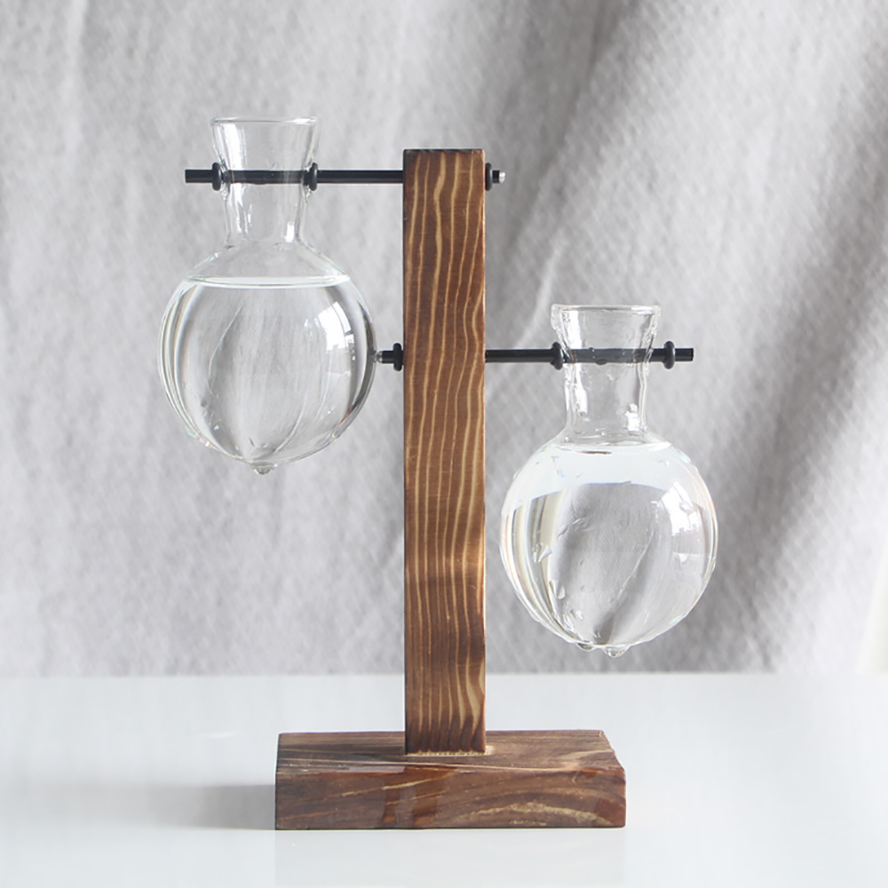 Transparent Bulb Vase with Wooden Stand Desktop Glass Planter for Hydroponics Plants Coffee Shop Room Decor