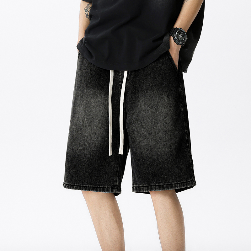 Casual Denim Shorts Men Elastic Waist Straight Comfortable Light Blue Soft Short Pants Baggy Wide Bermuda Male Jeans