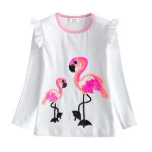 DXTON Baby Girls T-shirts Spring Toddler Cotton Tops Wear Flamingo Cartoon Kids Tees Tshirts Sequin Children Casual Clothing