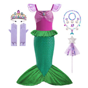 Disney 2024 Girls Ariel Little Mermaid Costume Party Dress Halloween Cosplay Princess Ariel Dress Birthday Clothes Disguise