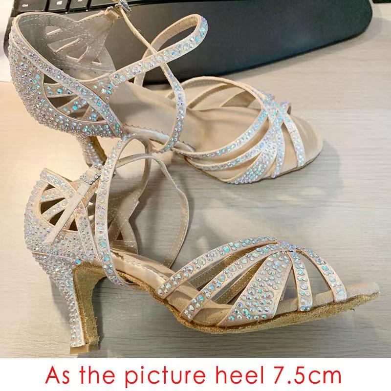DILEECHI Latin Dance Shoes Women Big Small Rhinestone Shining Skin Bronze Satin Salsa Party Ballroom Shoes Cuba High heel 9cm