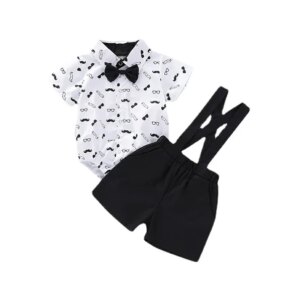 0-2Y Summer Toddler Boys 2PCS Clothes Set Short Sleeve Bodysuit with Bow+Suspender Shorts Infant Wedding Party Gentleman Outfit