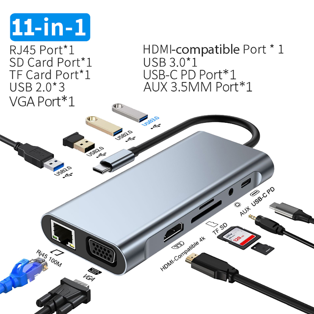 11-in-1 4K USB C 3.0 HUB Type C to HDMI-compatible USB 3.0 Adapter Type C HUB Dock PD 87W USB C Splitter for MacBook Pro Air