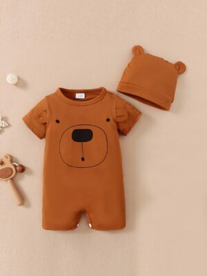 Baby Boy 0-18 Months Romper Newborn Baby Clothing Cute Bear Short Sleeves Bodysuit with Hat 2PCS Summer Infant Baby Boy Jumpsuit