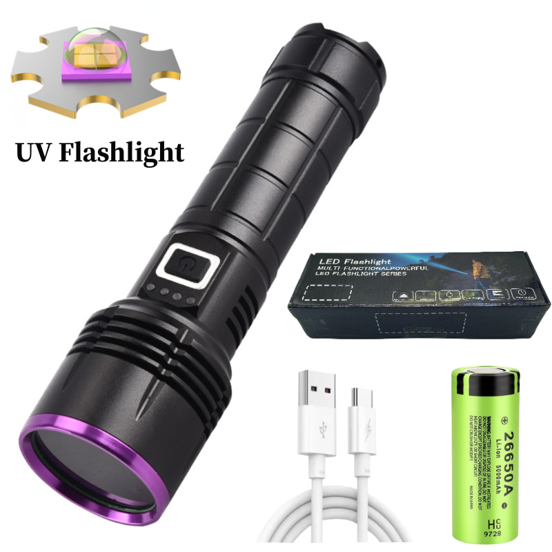 Powerful 365NM UV Flashlight Type-C Rechargeable Waterproof 26650 Purple Light for Pet Urine Stains Detector