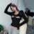 Women Sexy Slim Crop Top Retro Graffiti Print Elastic T Shirt Ribbed Long Sleeve O-neck Tops Grunge Tee Tops
