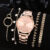 5PCS Quartz Watch Set Women Fashion Silver Round 3 Eyes Alloy Strap Wristwatch Gift Rhinestone Watch For Women Jewelry Set