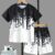 Boys’ Summer Set: Cool Black & White Round-neck T-shirt with Slanted Pocket, Paired with Matching Shorts for Casual Play.