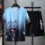 2Pcs/Set O-Neck Short Sleeve Elastic Waistband Casual Outfit Pockets Ice Silk Men Gradient Color Letter Print T-shirt Wide Leg S