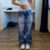 Printed Straight Jeans For Women, Spring High Waist, Slim And Loose Design, Niche Irregular Retro Blue Wide Legs