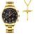 2PCS Fashion Mens Necklace Watches Set Men Business Calendar Stainless Steel Quartz Watch Male Casual Sports Wristwatch