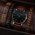 4PCS Men’s Fashion Simple Blue Needle Dial Pointer Quartz Belt Watch Luxury Leather Leather Wood Bead Bracelet Ramadan Gift Set