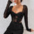 Vemina Selection of Autumn Chic Sexy?Çï V Neck Long Sleeve Mesh Crop Top, Women Black Lace Embroidery Hollow Out Slim Blouses