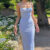 European and American Fashionable WOMENS Wear Spring and Summer Ins Style Sexy Slim Sling Printed Bareback Dress Women